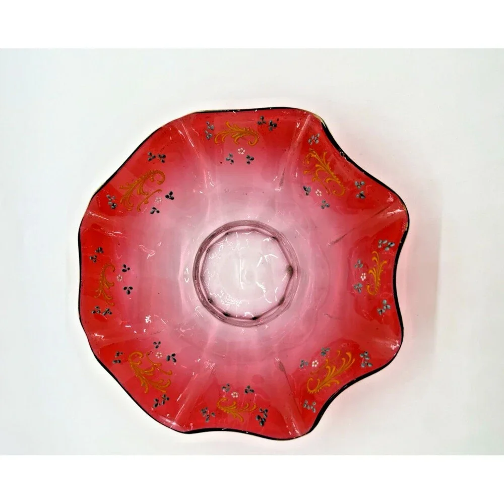 Vintage Murano Style Red Art Glass Bowl Hand Painted Gold Ruffled Rim Rare - Picture 6 of 11